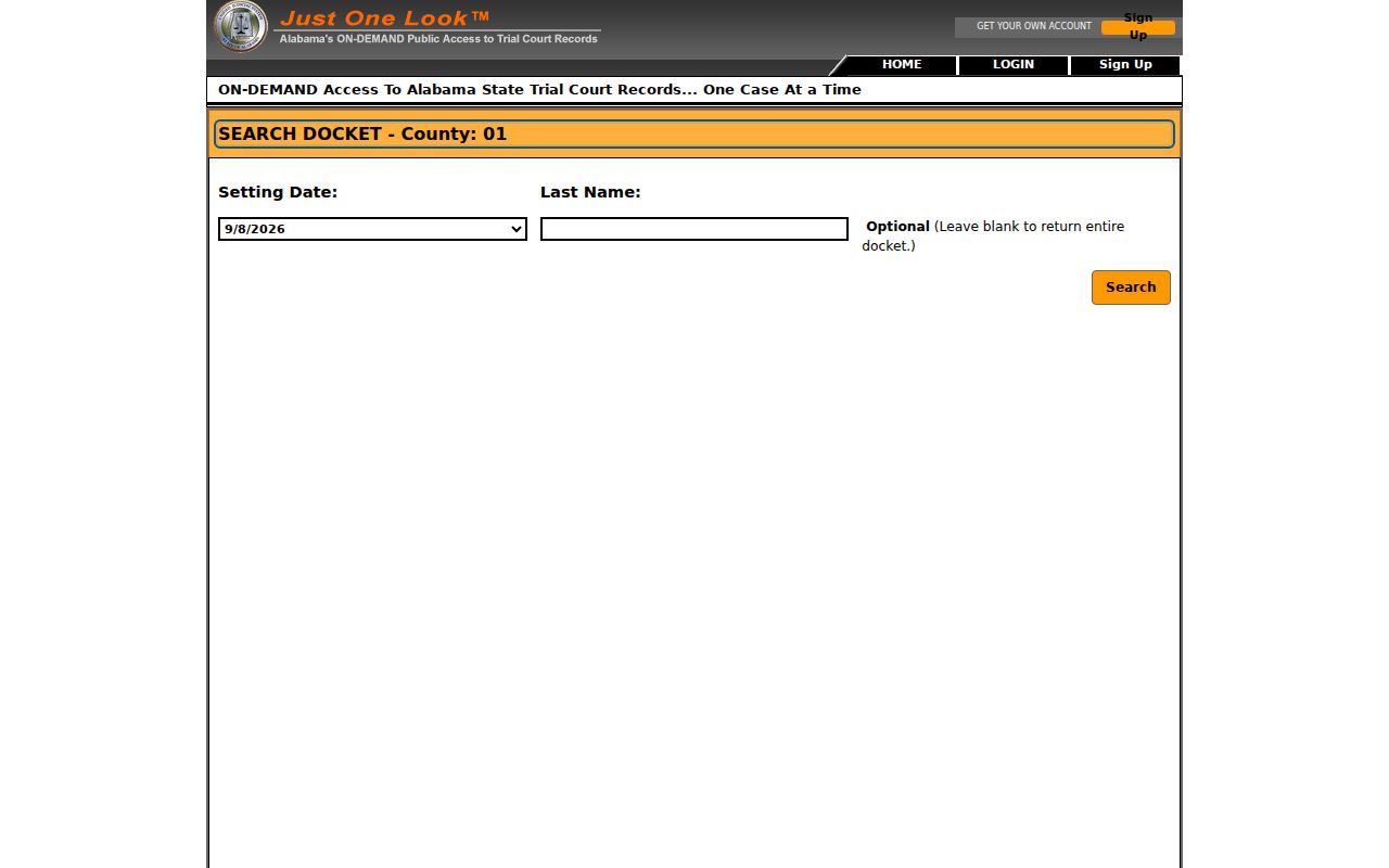 Alacourt ACCESS court docket search landing page